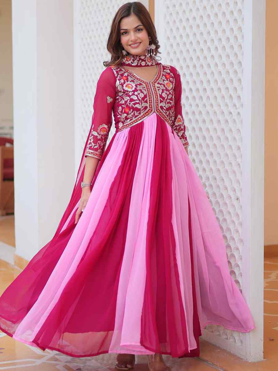 Wine Faux Georgette Embroidered Women Wear Festival Casual Wedding Gown