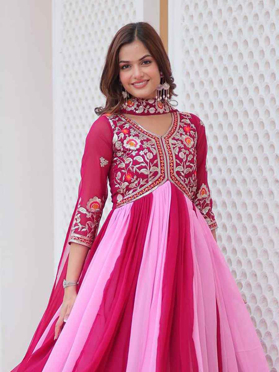 Wine Faux Georgette Embroidered Women Wear Festival Casual Wedding Gown