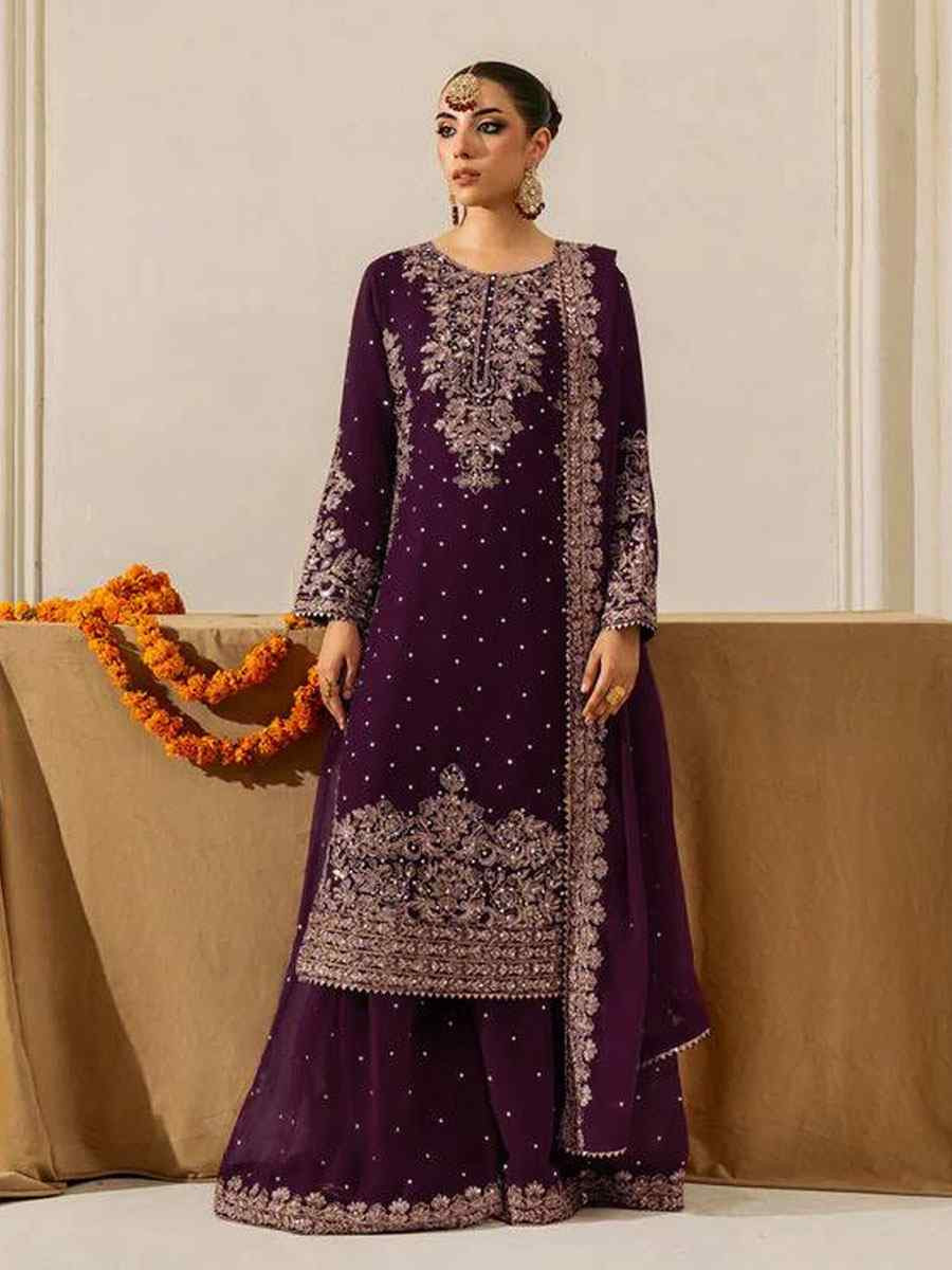 Wine Faux Georgette Embroidery Party Wedding Festival Casual Ready Palazzo Pant Salwar Kameez