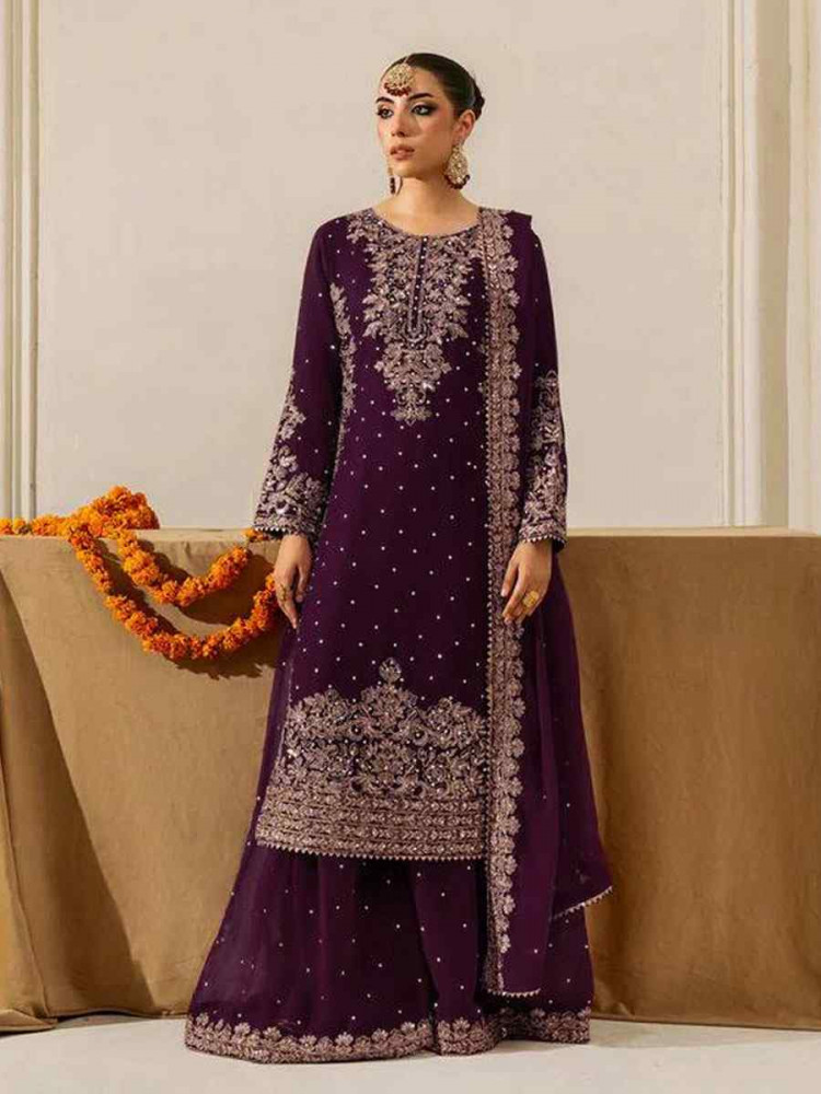 Image of Wine Faux Georgette Embroidery Party Wedding Festival Casual Ready Palazzo Pant Salwar Kameez
