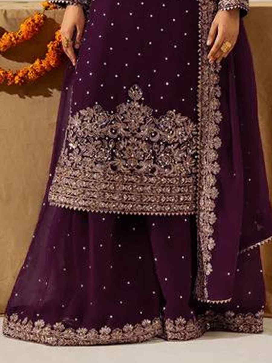 Wine Faux Georgette Embroidery Party Wedding Festival Casual Ready Palazzo Pant Salwar Kameez