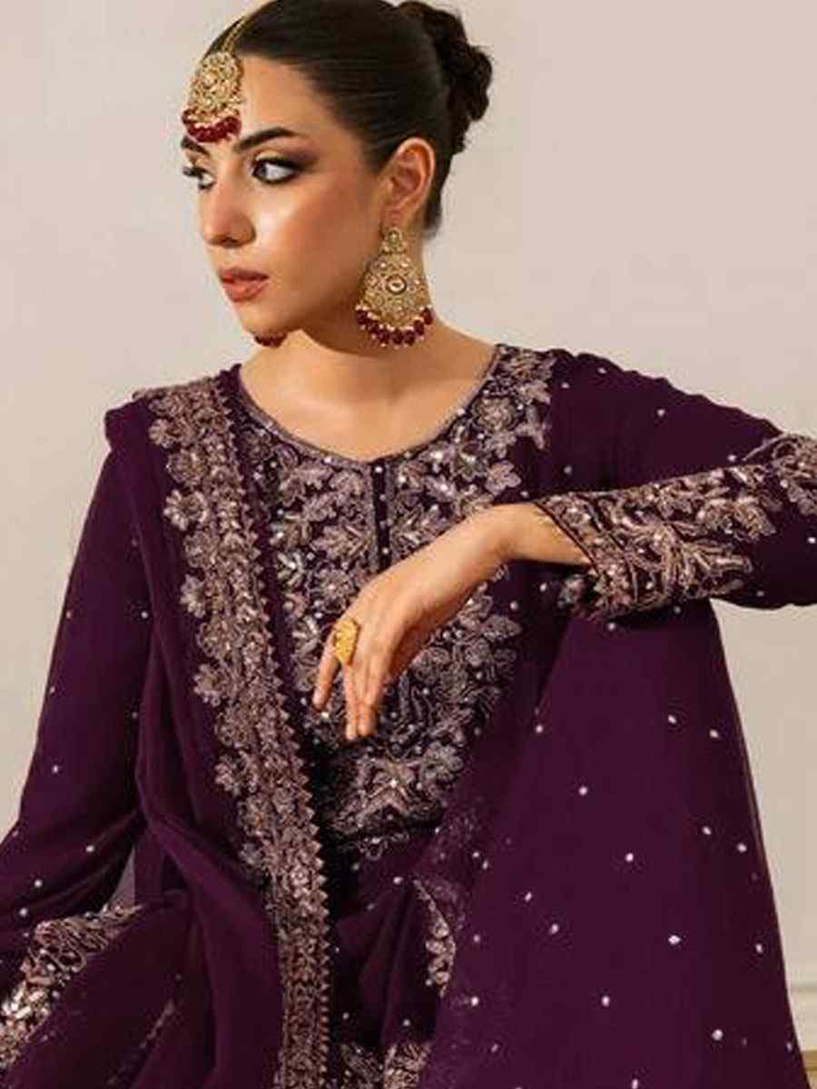 Wine Faux Georgette Embroidery Party Wedding Festival Casual Ready Palazzo Pant Salwar Kameez