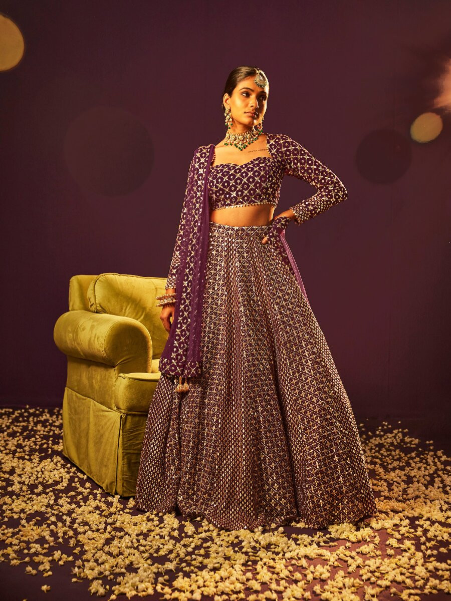 Wine Faux georgette Embroidery Sequins Zari Wedding Reception Party Festival Heavy Border Lehenga Choli