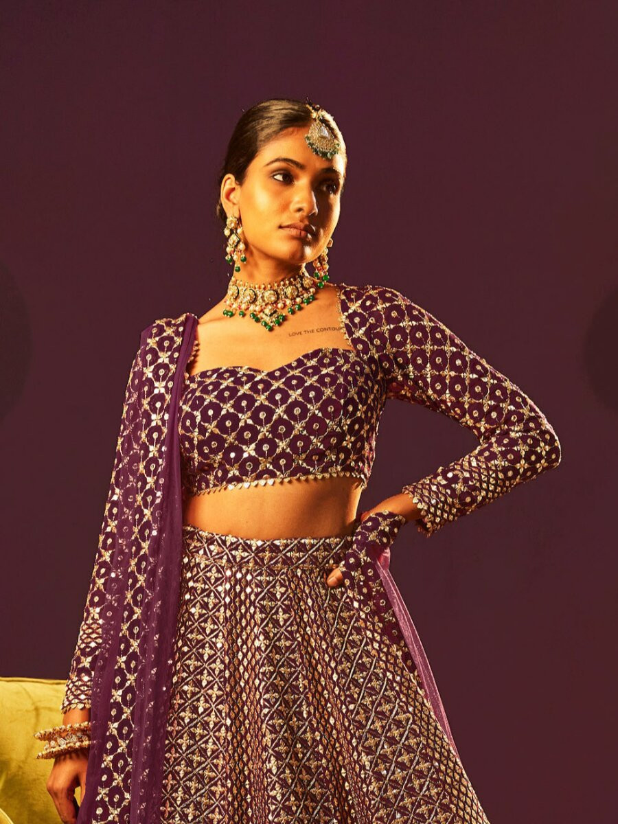 Wine Faux georgette Embroidery Sequins Zari Wedding Reception Party Festival Heavy Border Lehenga Choli