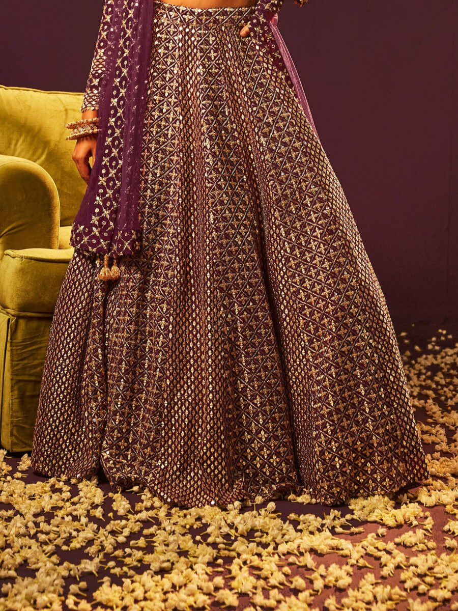 Wine Faux georgette Embroidery Sequins Zari Wedding Reception Party Festival Heavy Border Lehenga Choli