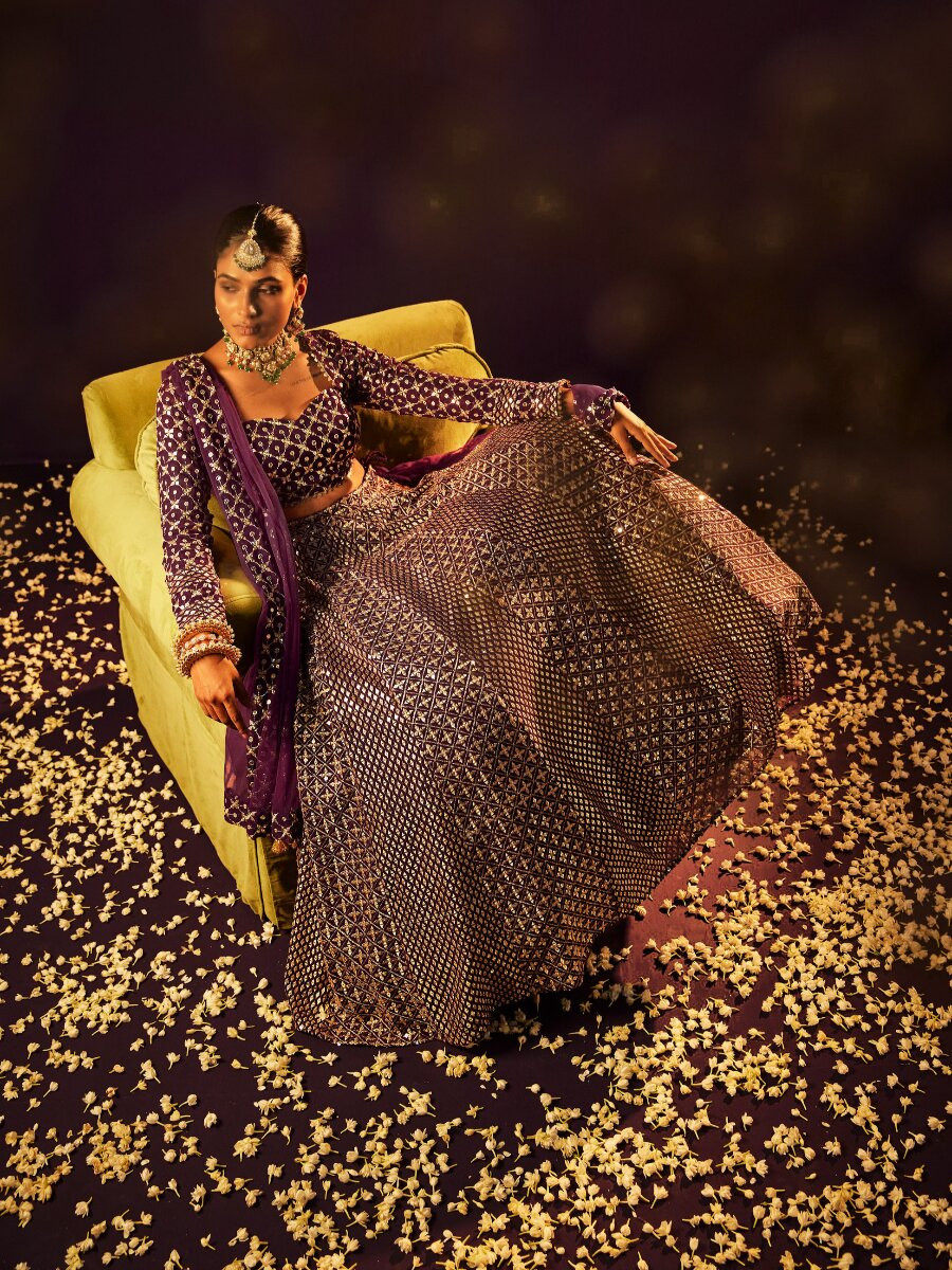 Wine Faux georgette Embroidery Sequins Zari Wedding Reception Party Festival Heavy Border Lehenga Choli