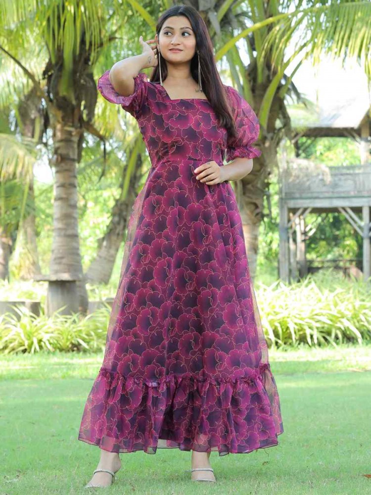 Wine Faux Georgette Printed Festival Casual Gown