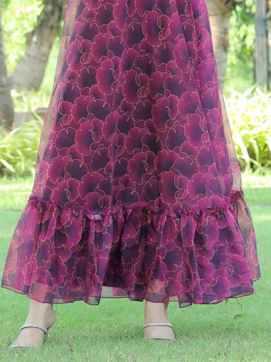 Wine Faux Georgette Printed Festival Casual Gown