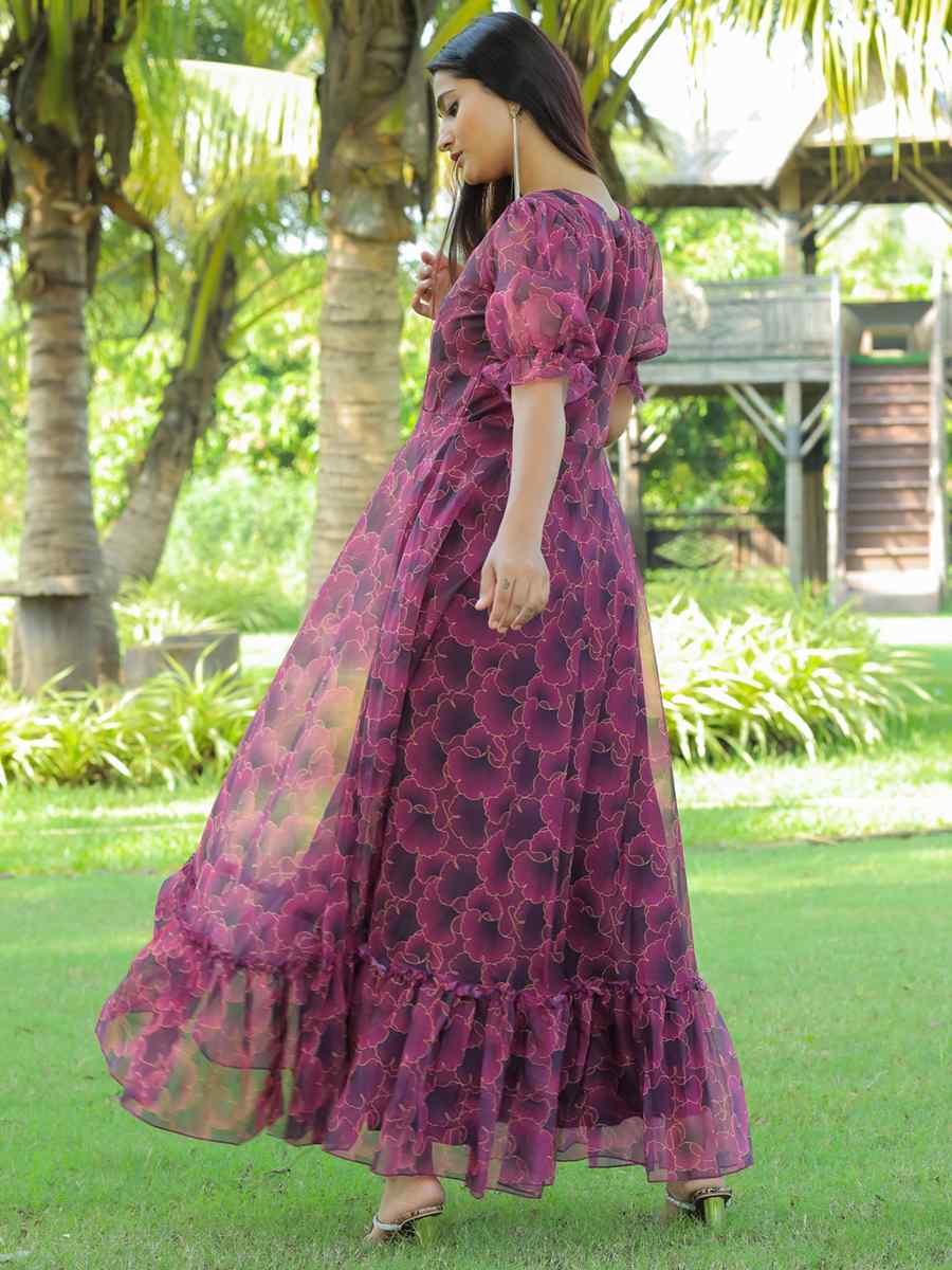 Wine Faux Georgette Printed Festival Casual Gown