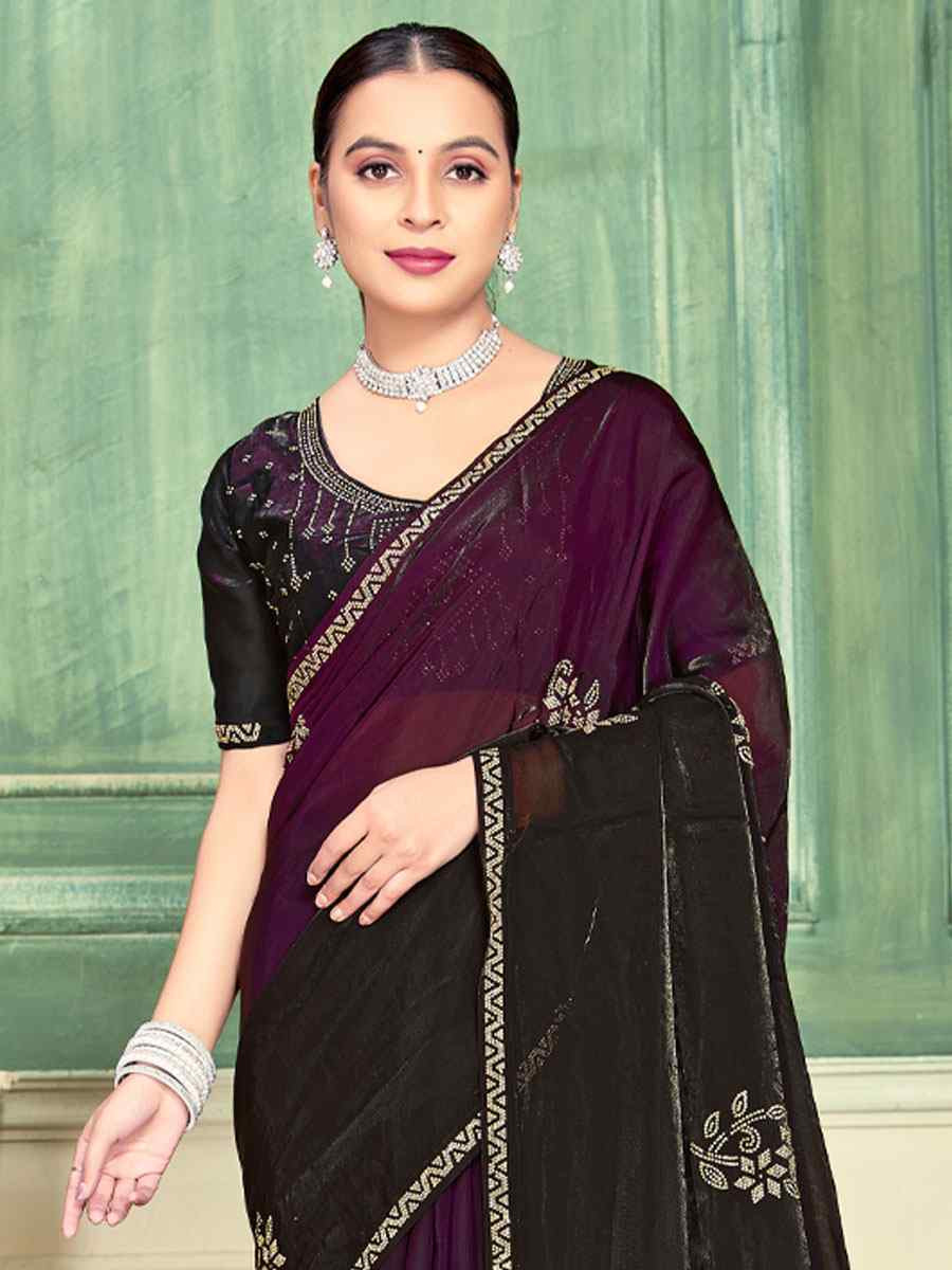 Wine Fendi Satin Silk Embroidery Bridal Reception Festival Wedding Fancy Classic Heavy Border Saree