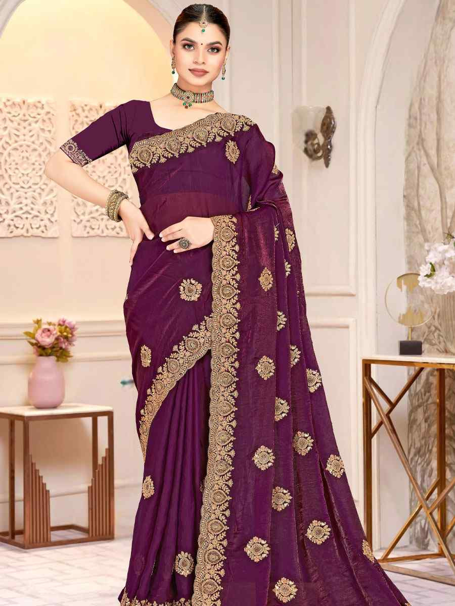 Wine Fendi Satin Silk Embroidery Traditional Casual Reception Festival Wedding Fancy Heavy Border Saree