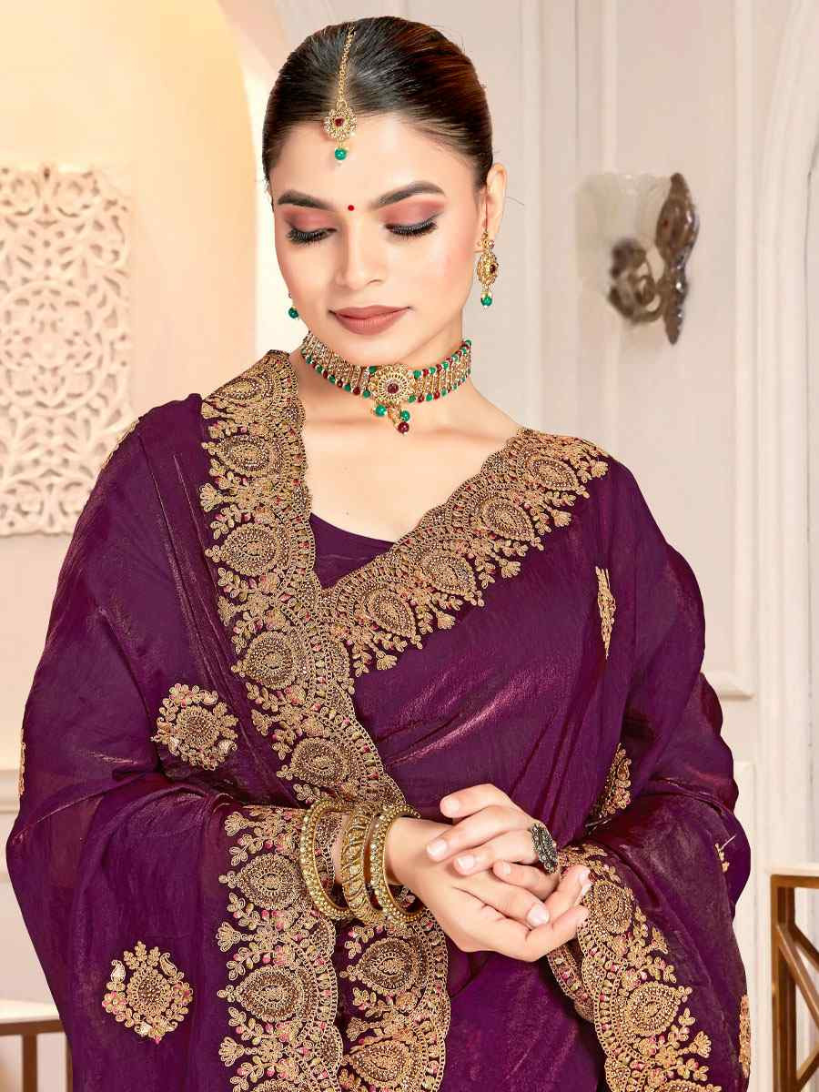 Wine Fendi Satin Silk Embroidery Traditional Casual Reception Festival Wedding Fancy Heavy Border Saree