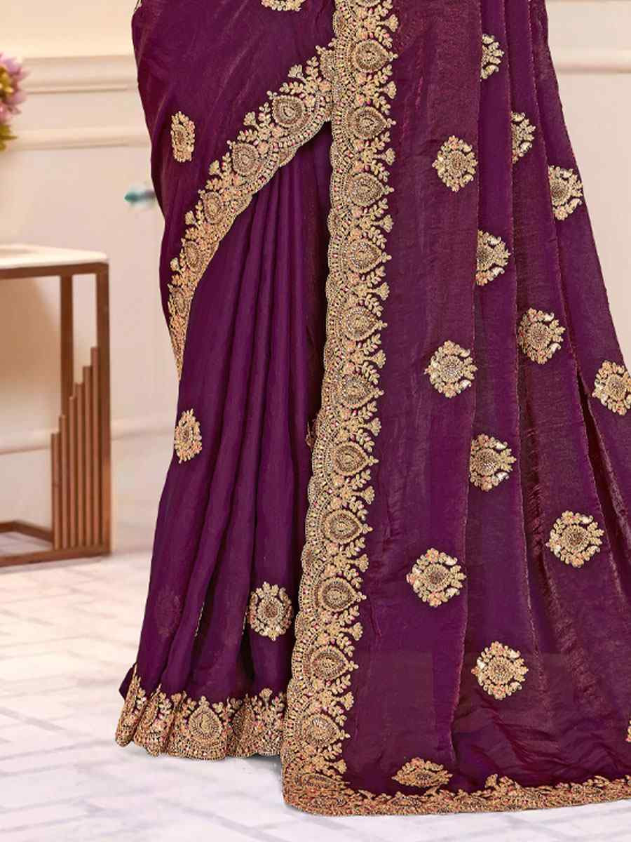Wine Fendi Satin Silk Embroidery Traditional Casual Reception Festival Wedding Fancy Heavy Border Saree