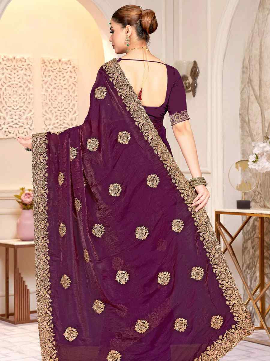 Wine Fendi Satin Silk Embroidery Traditional Casual Reception Festival Wedding Fancy Heavy Border Saree