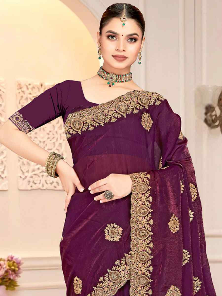 Wine Fendi Satin Silk Embroidery Traditional Casual Reception Festival Wedding Fancy Heavy Border Saree