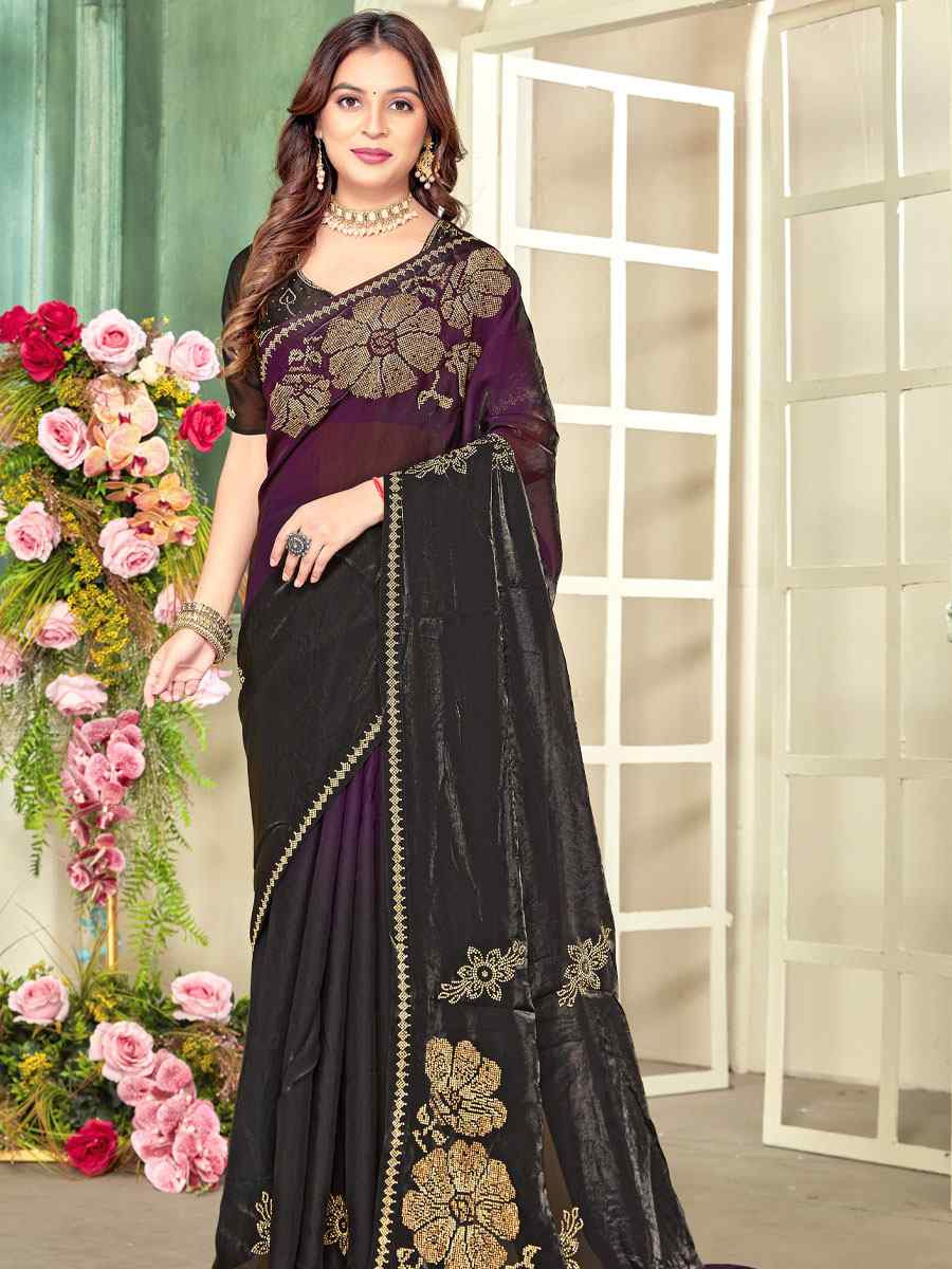 Wine Fendi Satin Silk Zircon Hand Embroidery Bridal Reception Festival Wedding Fancy Heavy Border Sarees
