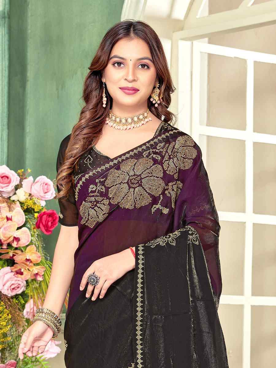 Wine Fendi Satin Silk Zircon Hand Embroidery Bridal Reception Festival Wedding Fancy Heavy Border Sarees