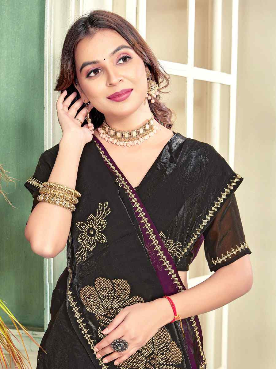 Wine Fendi Satin Silk Zircon Hand Embroidery Bridal Reception Festival Wedding Fancy Heavy Border Sarees