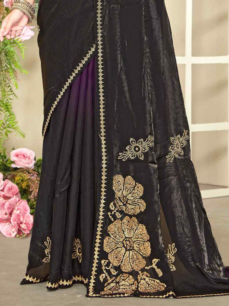 Wine Fendi Satin Silk Zircon Hand Embroidery Bridal Reception Festival Wedding Fancy Heavy Border Sarees