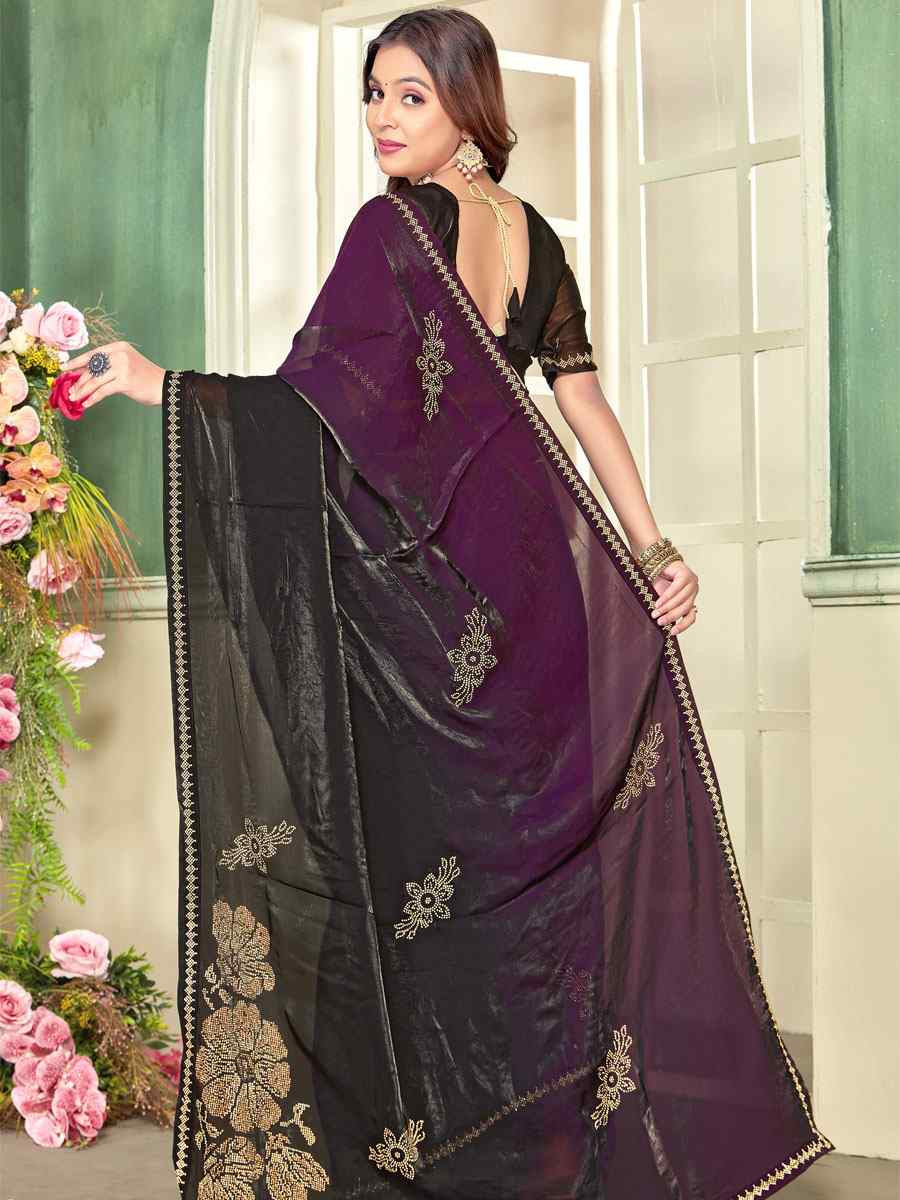 Wine Fendi Satin Silk Zircon Hand Embroidery Bridal Reception Festival Wedding Fancy Heavy Border Sarees