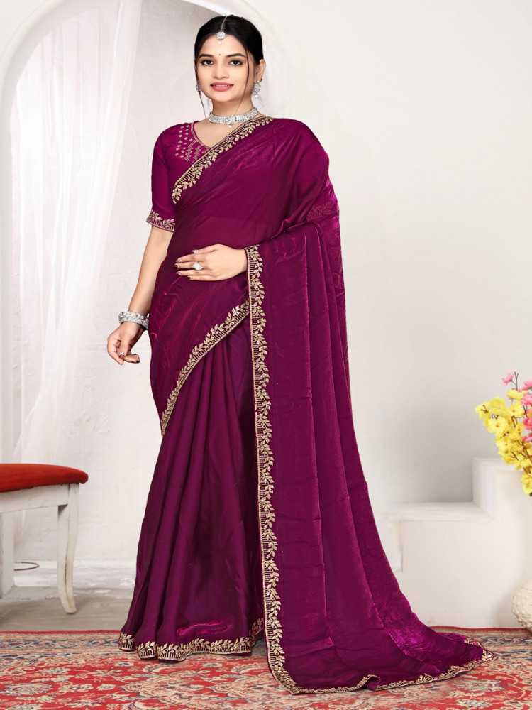 Image of Wine Fendi satin silk Zircon Stone Embroidery Festival Wedding Fancy Classic Heavy Border Saree