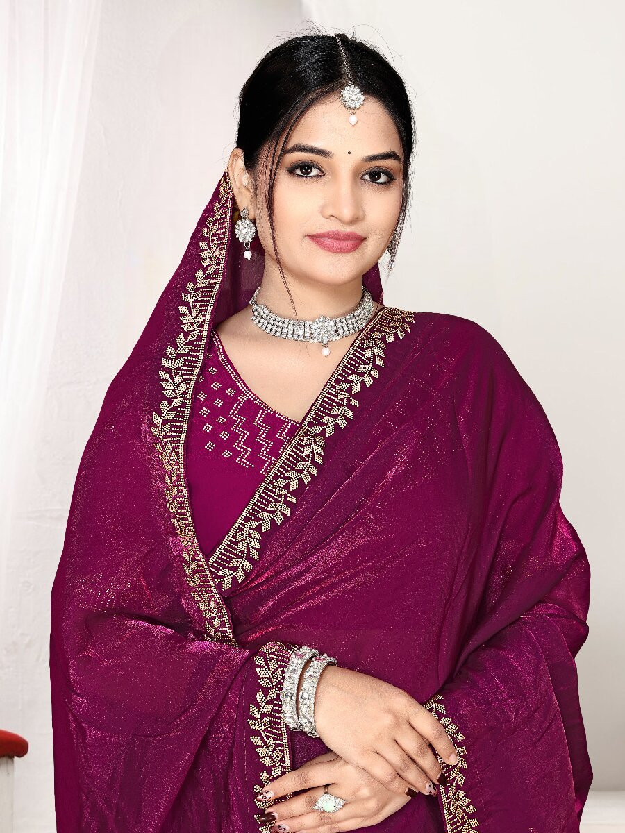 Wine Fendi satin silk Zircon Stone Embroidery Festival Wedding Fancy Classic Heavy Border Saree