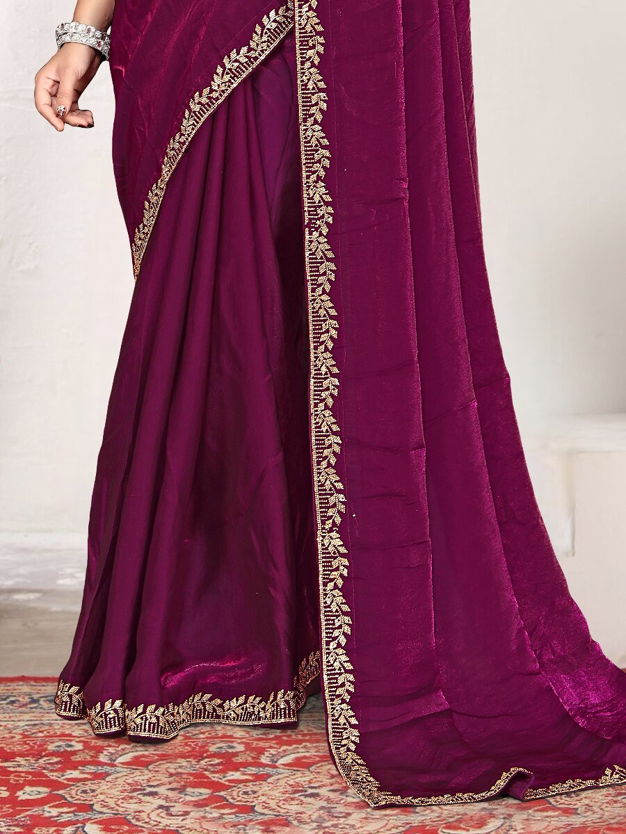 Wine Fendi satin silk Zircon Stone Embroidery Festival Wedding Fancy Classic Heavy Border Saree