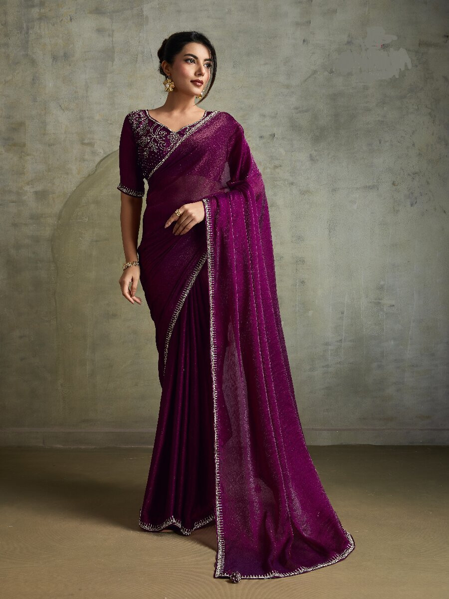 Wine Fendy Chiffon bloomingSequins Wedding Reception Party Festival Heavy Border Sarees