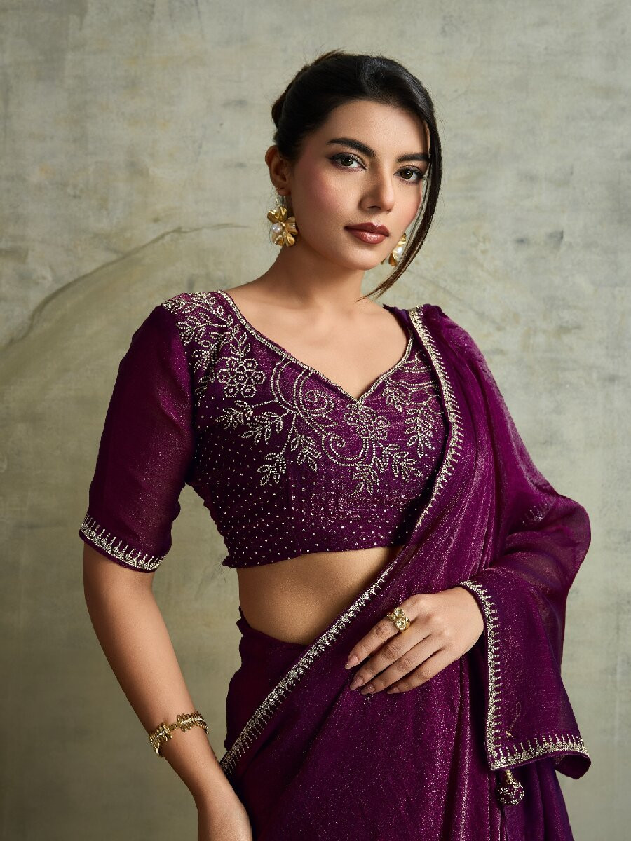 Wine Fendy Chiffon bloomingSequins Wedding Reception Party Festival Heavy Border Sarees