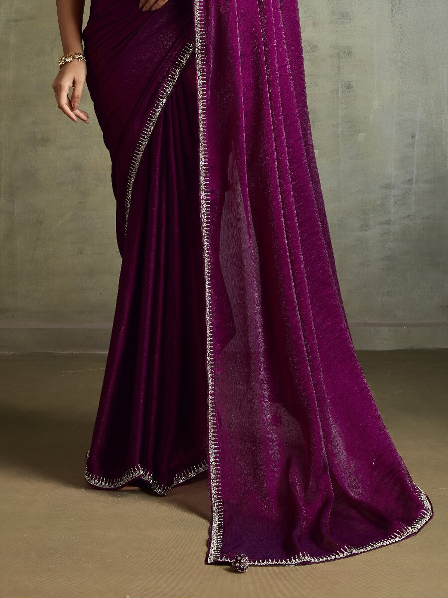 Wine Fendy Chiffon bloomingSequins Wedding Reception Party Festival Heavy Border Sarees