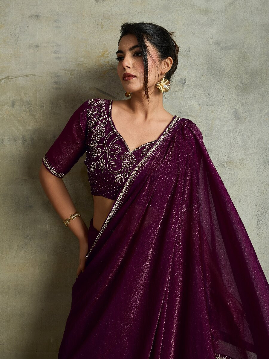 Wine Fendy Chiffon bloomingSequins Wedding Reception Party Festival Heavy Border Sarees