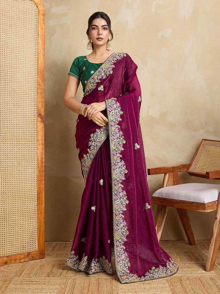 Wine Fendy Chiffon Silk Embroidered Festival Wedding Fancy Heavy Border Saree