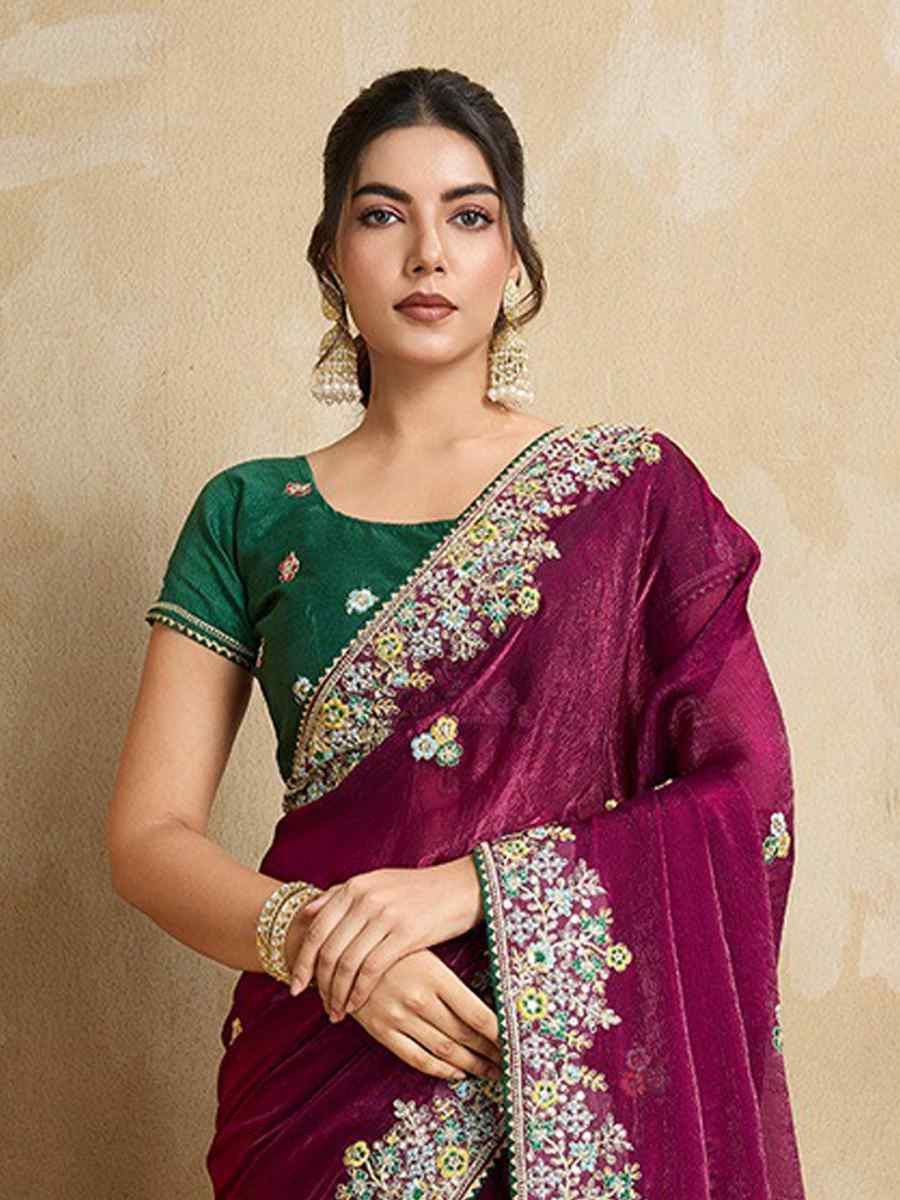 Wine Fendy Chiffon Silk Embroidered Festival Wedding Fancy Heavy Border Saree