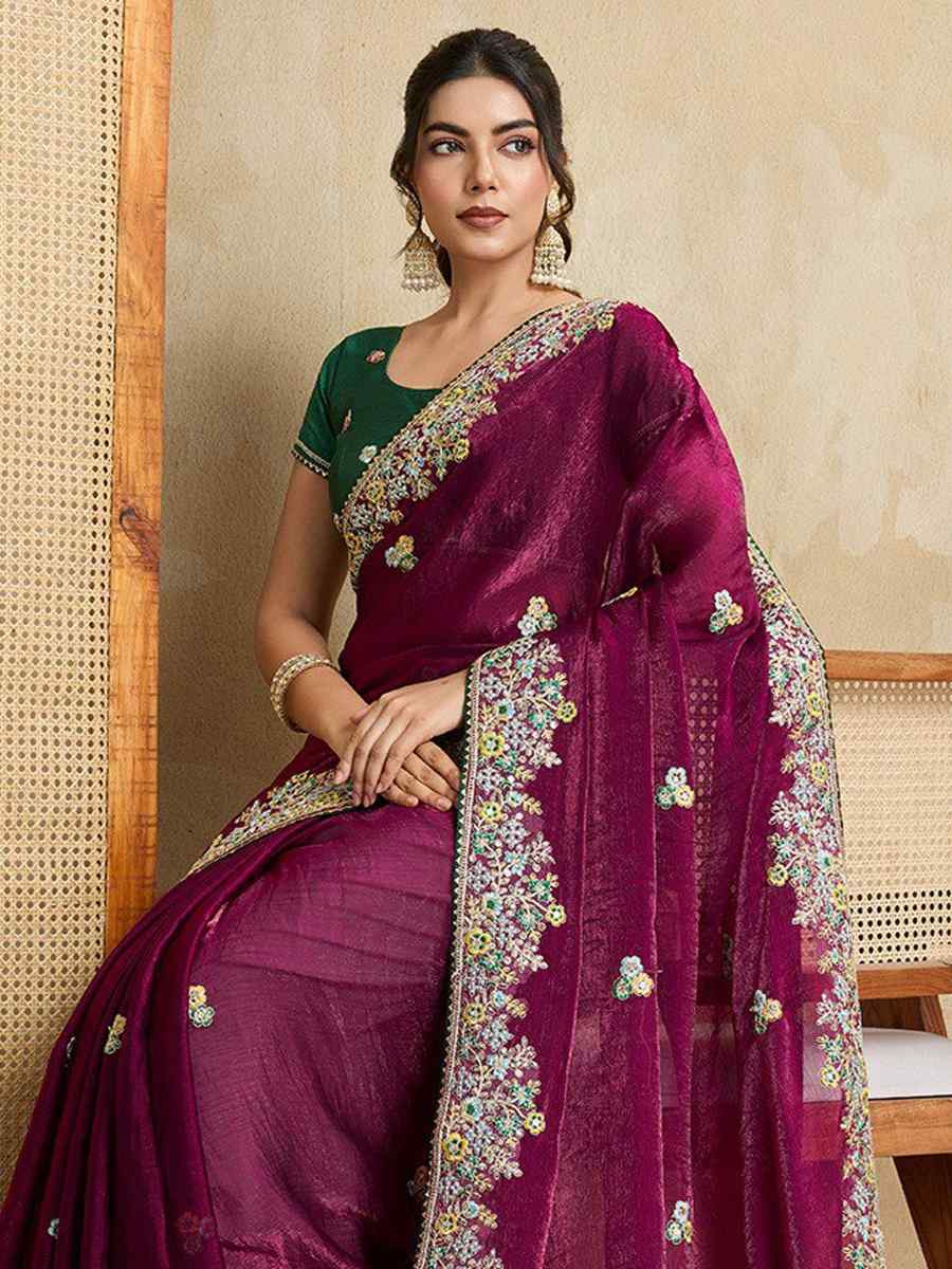 Wine Fendy Chiffon Silk Embroidered Festival Wedding Fancy Heavy Border Saree