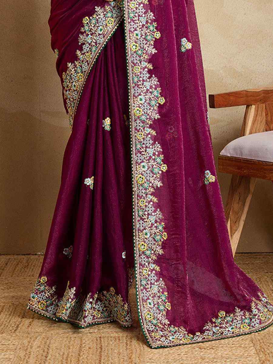 Wine Fendy Chiffon Silk Embroidered Festival Wedding Fancy Heavy Border Saree