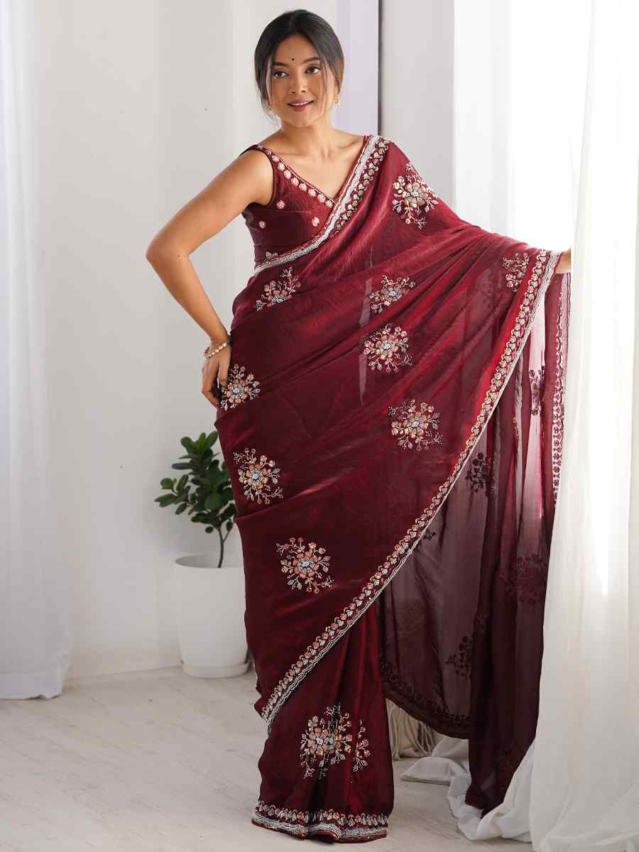 Wine Fendy Satin Embroidered Festival Wedding Fancy Heavy Border Saree