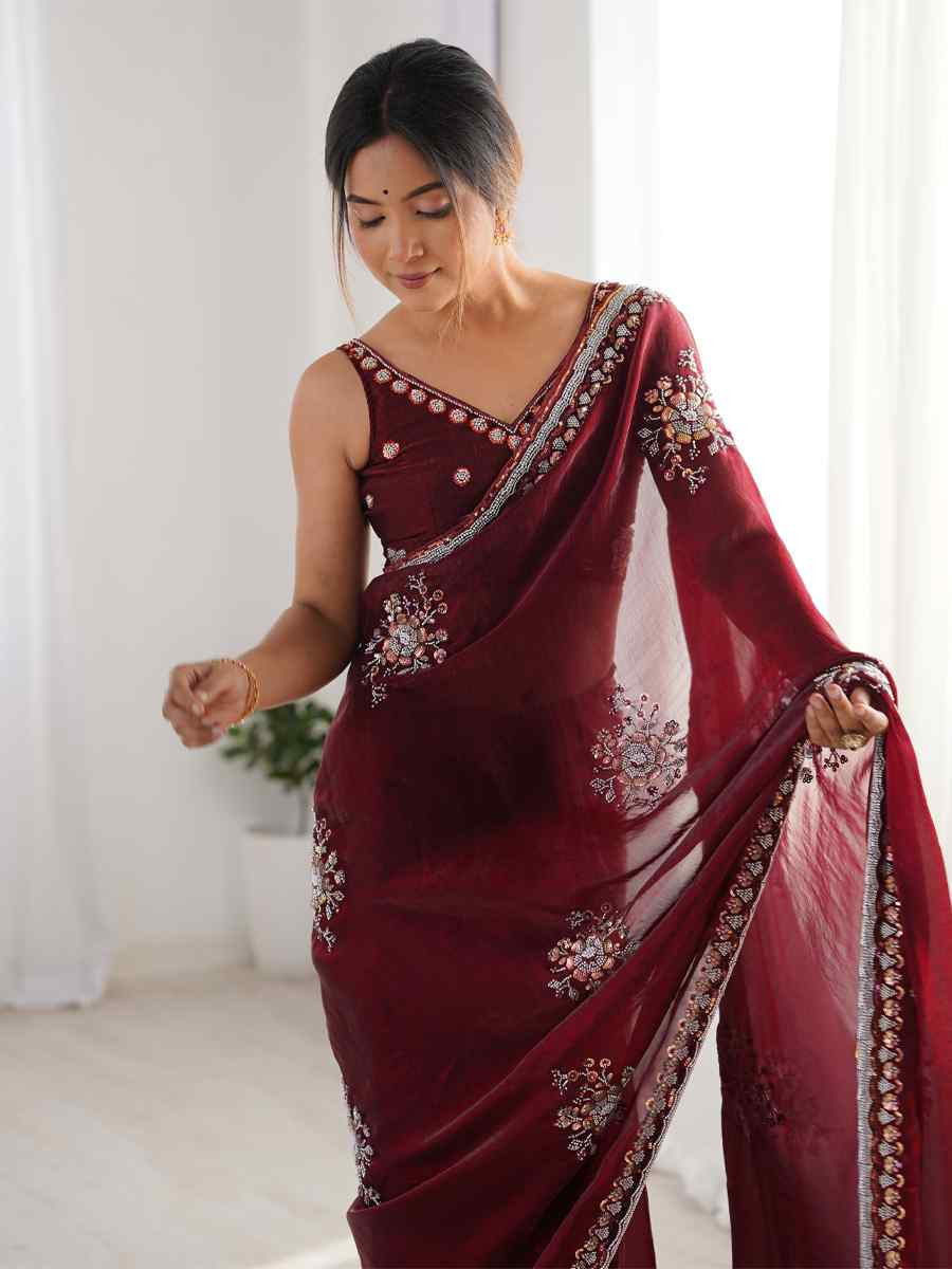 Wine Fendy Satin Embroidered Festival Wedding Fancy Heavy Border Saree