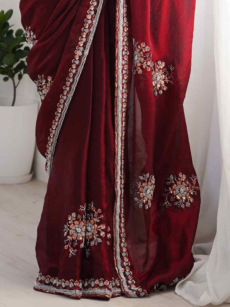 Wine Fendy Satin Embroidered Festival Wedding Fancy Heavy Border Saree
