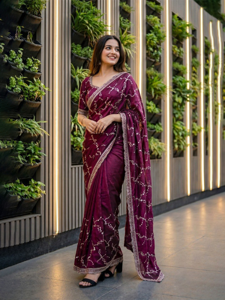 Image of Wine Fendy Satin Embroidery Sequins Zari Wedding Reception Party Festival Casual Heavy Border Sarees