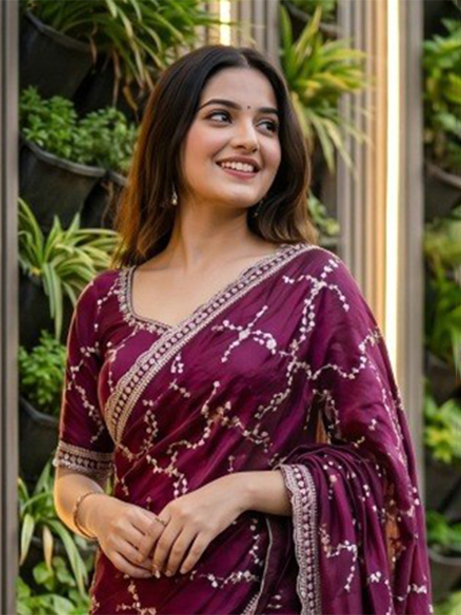 Wine Fendy Satin Embroidery Sequins Zari Wedding Reception Party Festival Casual Heavy Border Sarees