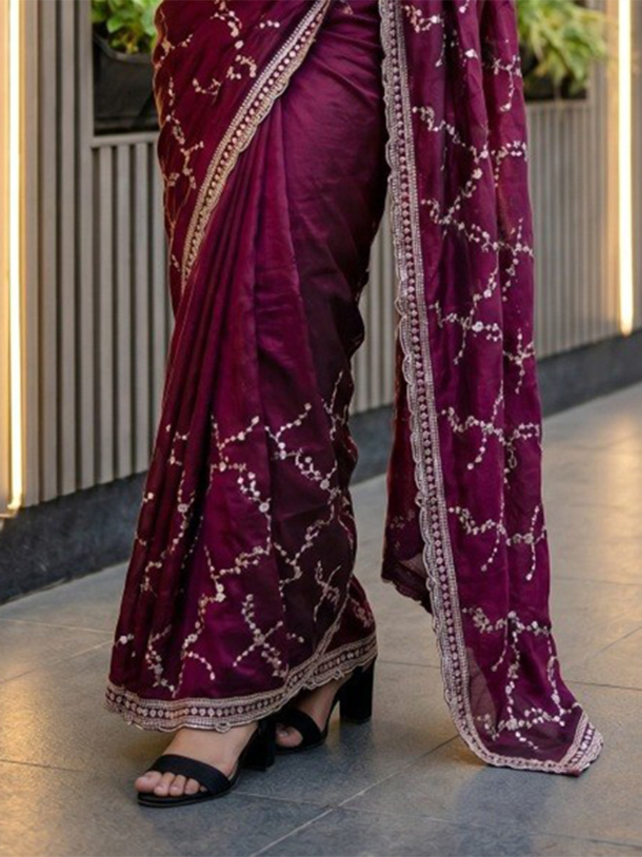 Wine Fendy Satin Embroidery Sequins Zari Wedding Reception Party Festival Casual Heavy Border Sarees