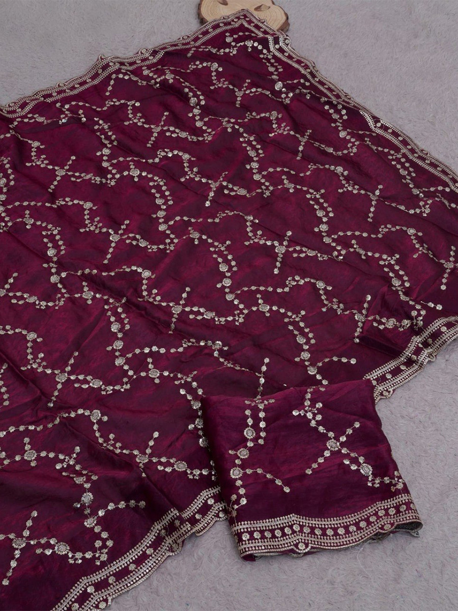 Wine Fendy Satin Embroidery Sequins Zari Wedding Reception Party Festival Casual Heavy Border Sarees