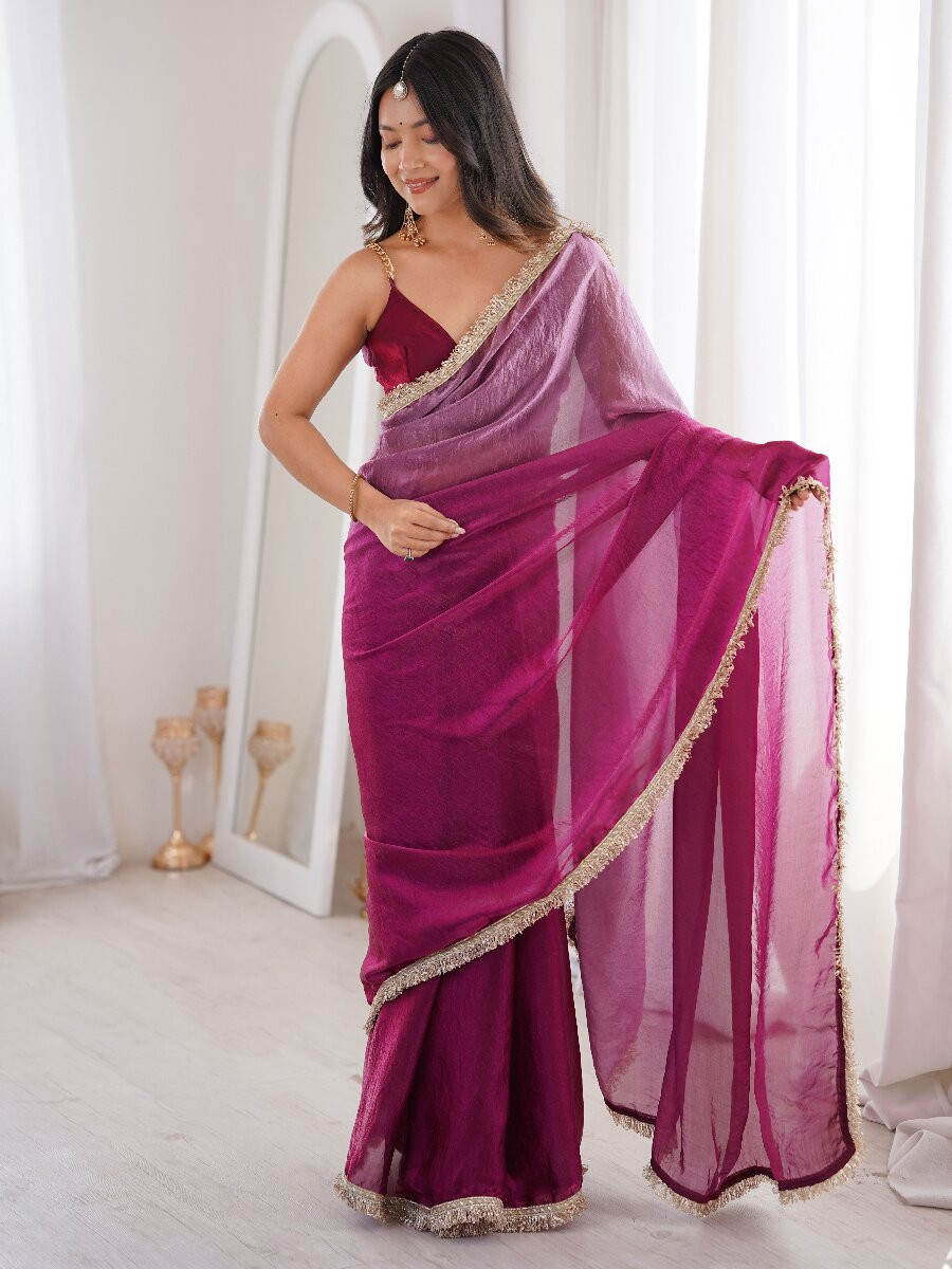 Wine Fendy Satin Zari Sequins Double Shaded Wedding Reception Party Festival Casual Heavy Border Sarees