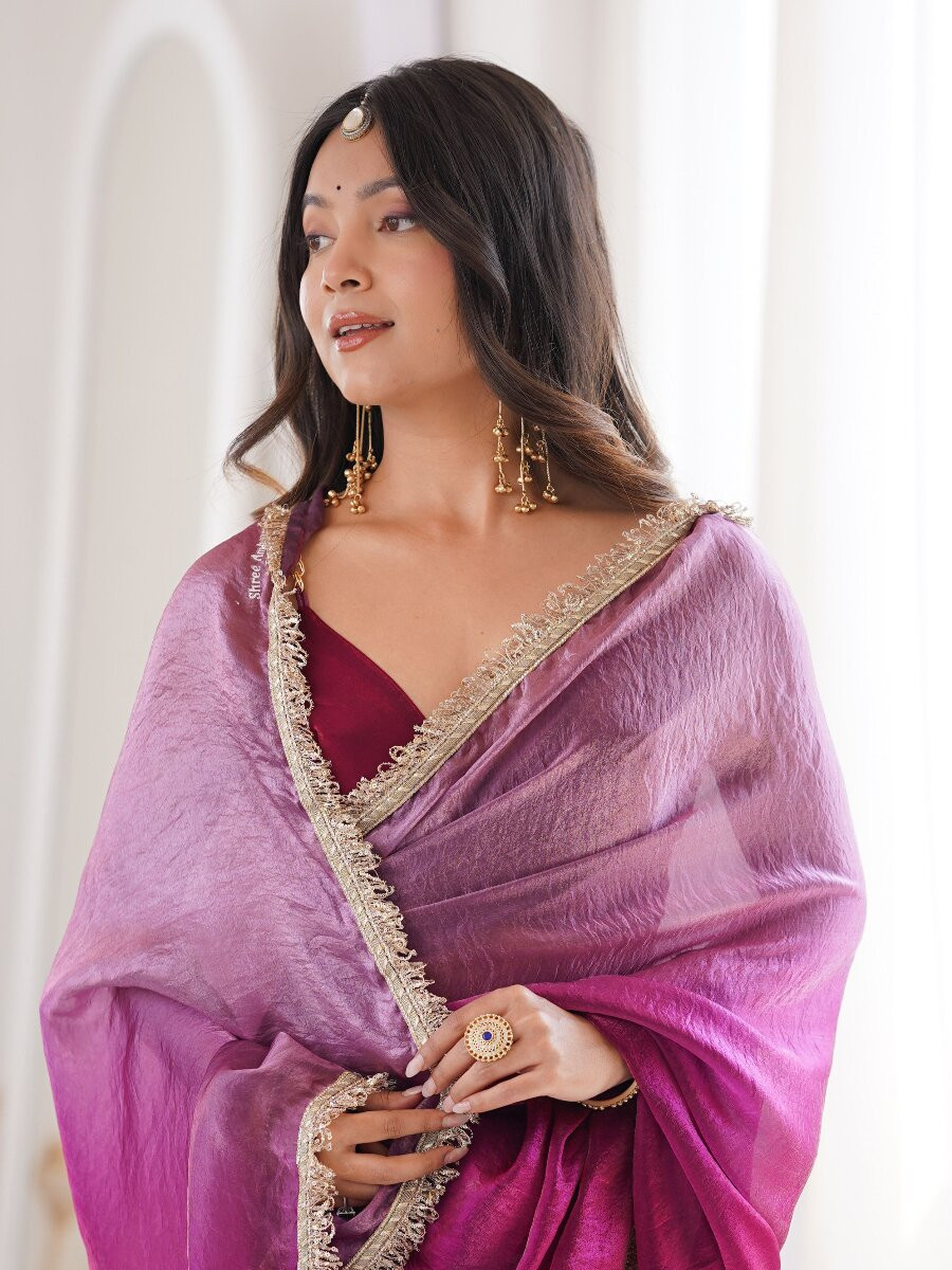 Wine Fendy Satin Zari Sequins Double Shaded Wedding Reception Party Festival Casual Heavy Border Sarees