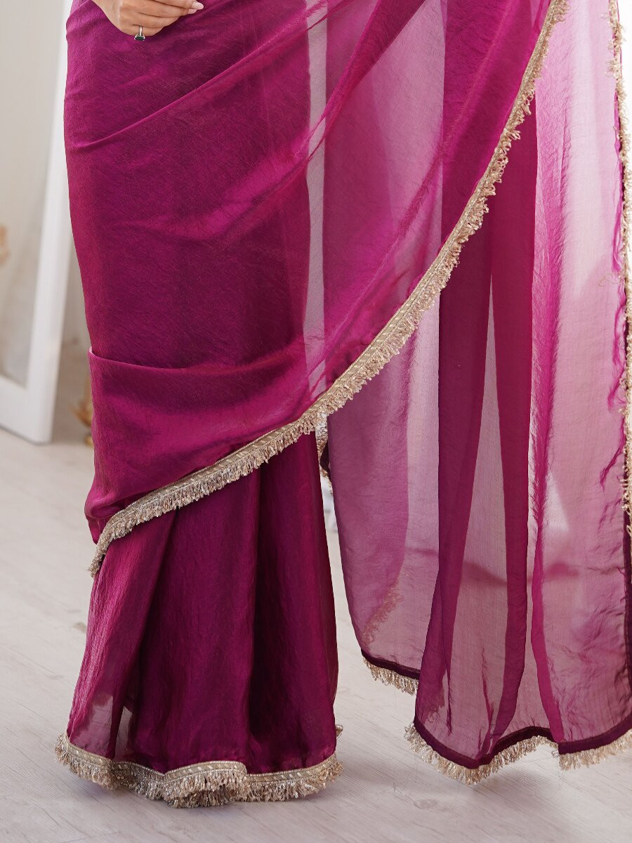 Wine Fendy Satin Zari Sequins Double Shaded Wedding Reception Party Festival Casual Heavy Border Sarees