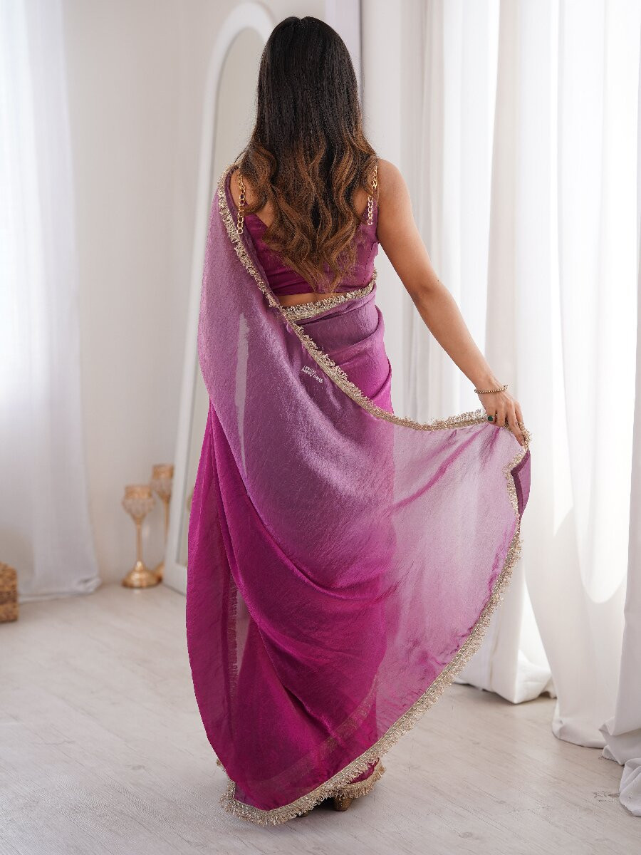 Wine Fendy Satin Zari Sequins Double Shaded Wedding Reception Party Festival Casual Heavy Border Sarees