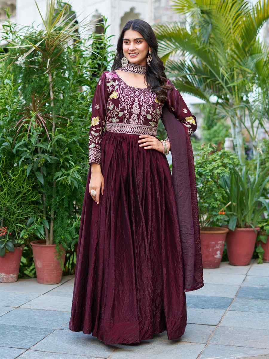Wine Fendy Silk Embroidered Festival Casual Gown Women Wear