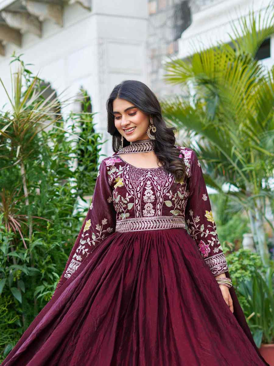 Wine Fendy Silk Embroidered Festival Casual Gown Women Wear