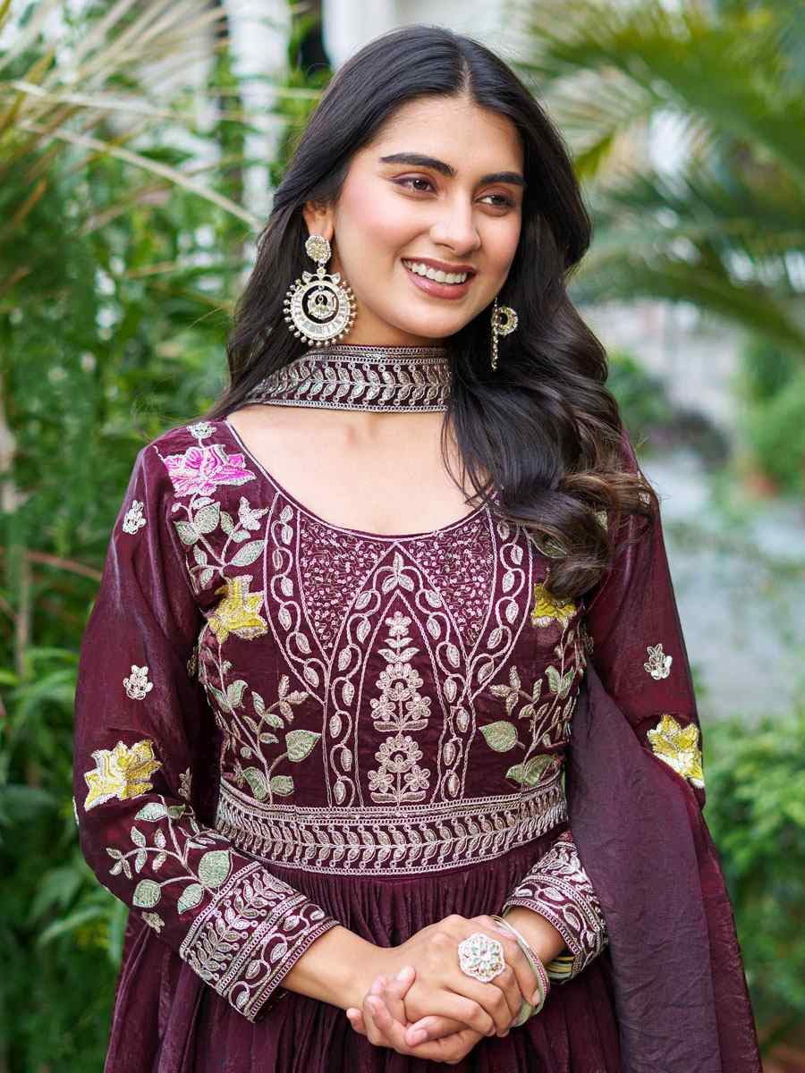 Wine Fendy Silk Embroidered Festival Casual Gown Women Wear