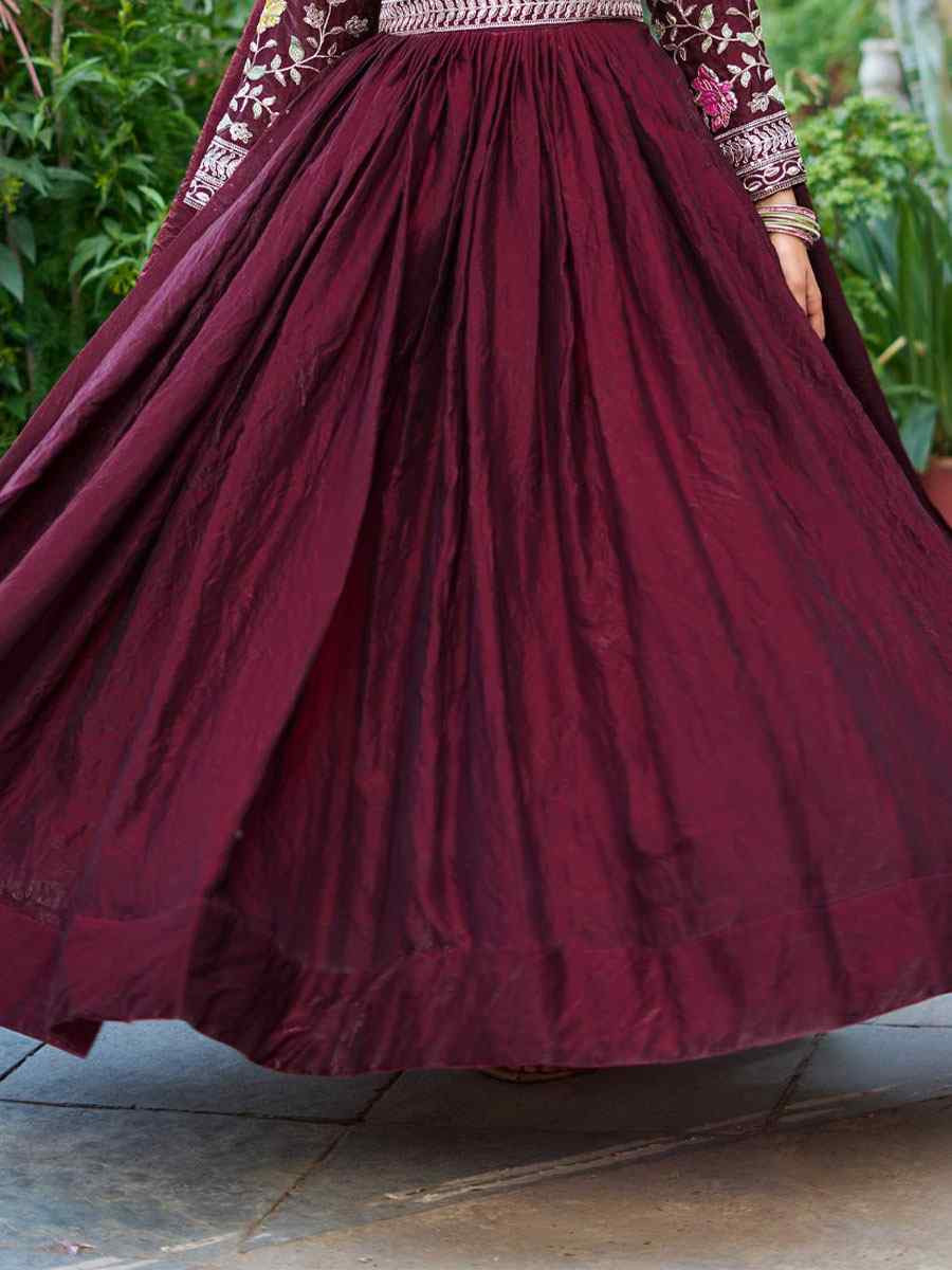 Wine Fendy Silk Embroidered Festival Casual Gown Women Wear
